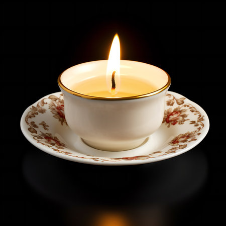 Burning candle in a porcelain cup on a black backgroundの素材