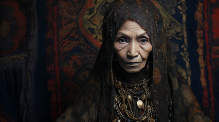 Portrait of an old woman in the image of an ancient warriorの素材