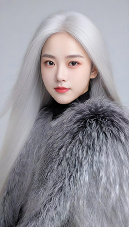 beautiful asian woman in fur coat, studio shot on gray backgroundの素材