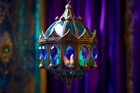 Lamp with blue and gold colors on the background of the curtainの素材