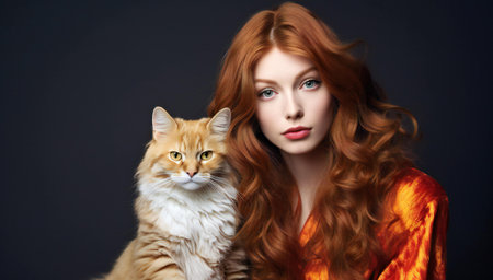 Portrait of a beautiful young woman with red hair and cat.の素材