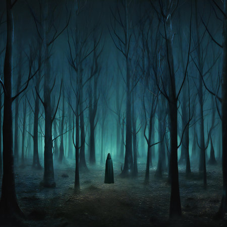 Mysterious dark forest with fog and a witch. Halloween backgroundの素材