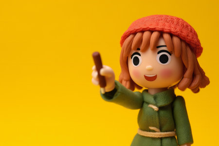 Plasticine figure of a girl on a yellow background with copy spaceの素材