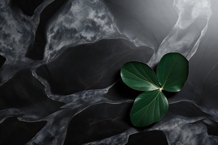 Green leaves on black marble background, top view. Space for textの素材