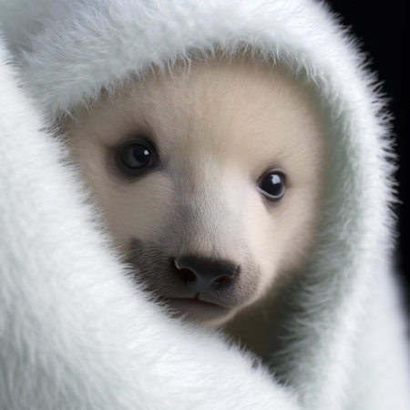 Polar bear puppy in a white fur coat on a black backgroundの素材
