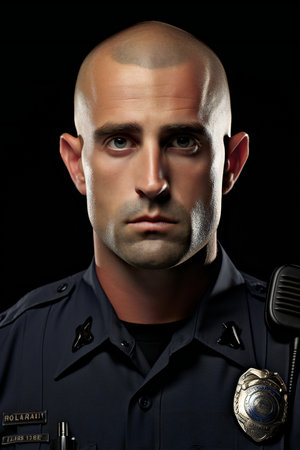 Portrait of a security guard. Studio shot over black background.の素材