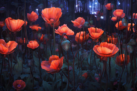 poppies in the garden at night,colorful background.の素材