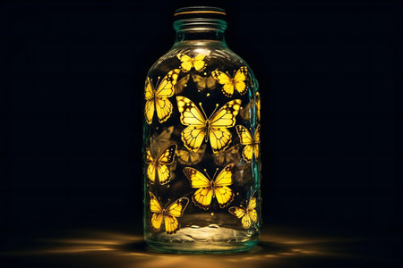 Butterflies in a glass jar with yellow lights on a black backgroundの素材