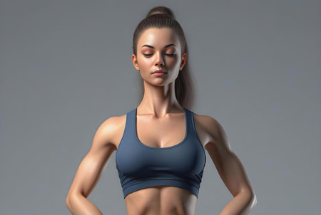 Beautiful young woman in sportswear posing on grey background.の素材