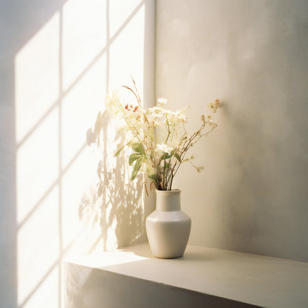 Vase with flowers on table near the window. Vintage filtered imageの素材