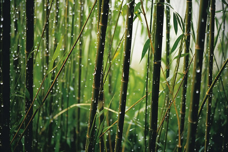 Bamboo forest with rain drops in the morning. Shallow depth of fieldの素材