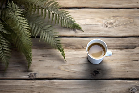 Cup of coffee and fern leaves on wooden table, top viewの素材