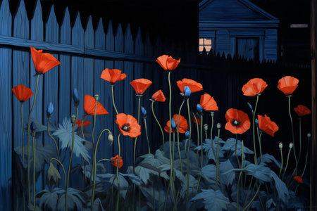 poppies in the garden at night, illustration in digital painting styleの素材