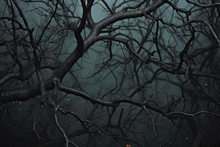 Dark forest with fog and falling leaves. Halloween or horror concept.の素材