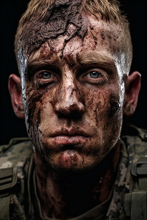 Close-up portrait of a soldier with blood on his face.の素材