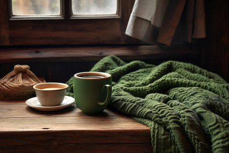 Cup of coffee with warm scarf on wooden table near window.の素材