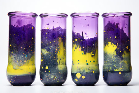 Three test tubes with purple and yellow paint, isolated on white backgroundの素材