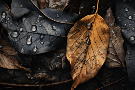 Dry leaves with water drops on the ground. Natural background.の素材