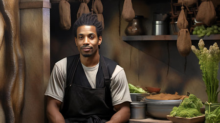 Portrait of african american male chef in apron looking at cameraの素材