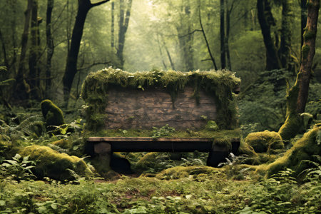 Wooden bench in a green forest with moss and fernsの素材