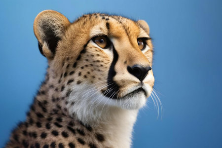 Close-up of cheetah looking at camera against blue backgroundの素材