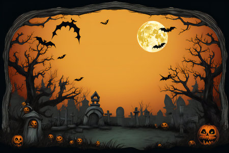 Halloween background with full moon, bats and cemetery.の素材