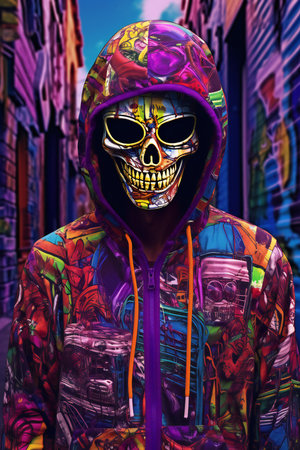 illustration of a man wearing a skull costume in the streetの素材
