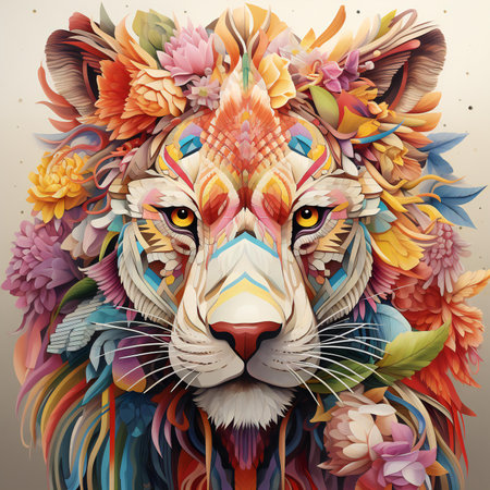 Lion head with colorful flowers on grunge background.の素材