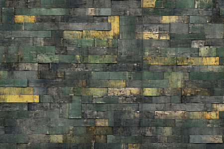 Old wooden wall with green and yellow tiles. Abstract background for design.の素材