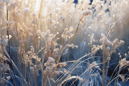 Frosty grass on a meadow in the morning light.の素材