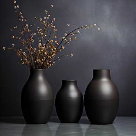Three black vases with flowers in front of a gray wall.の素材