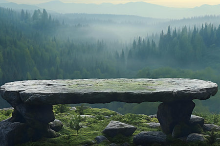 Empty table in the morning misty forest.の素材