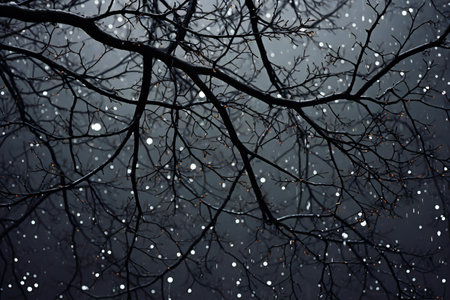 Winter landscape. Branches of a tree with snowflakes on a dark backgroundの素材