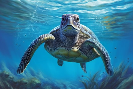 Green sea turtle swimming underwater in the ocean. Sea tortoise.の素材