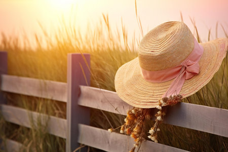 Beautiful straw hat with spikelets on wooden fence at beach, closeupの素材