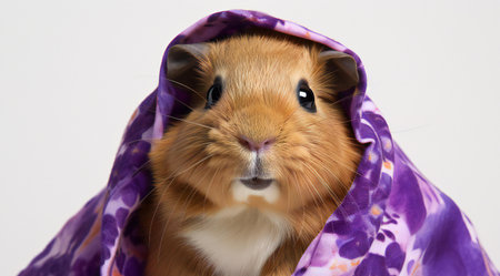 guinea pig wrapped in a purple scarf on a white background.の素材