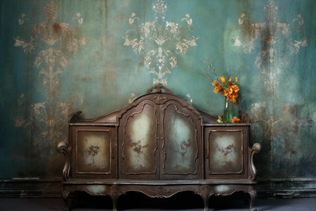 Vintage interior with antique furniture and flowers on green wall background.の素材