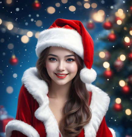 beautiful woman wearing santa claus clothes over christmas backgroundの素材