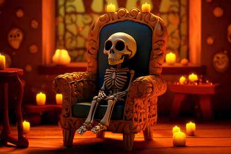 Halloween background with spooky skeleton in armchair. Halloween concept.の素材
