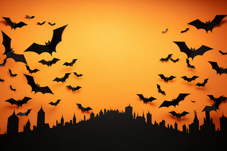 Halloween background with bats flying over the city.の素材