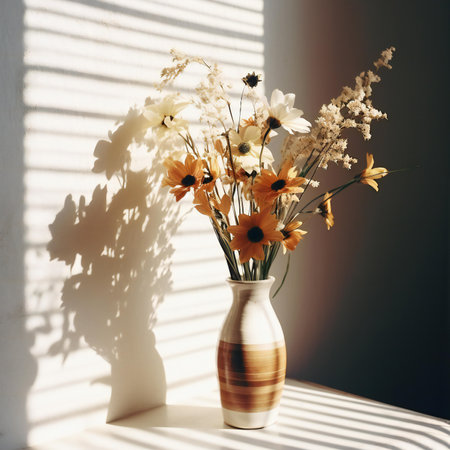 Bouquet of flowers in a vase on the windowsillの素材