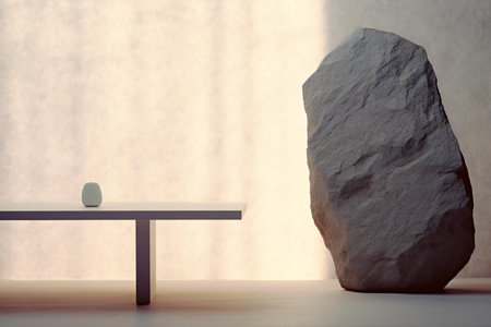 a modern interior with a stone and a tableの素材