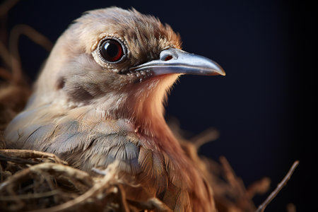 Close-up portrait of a bird in a nest on a dark backgroundの素材
