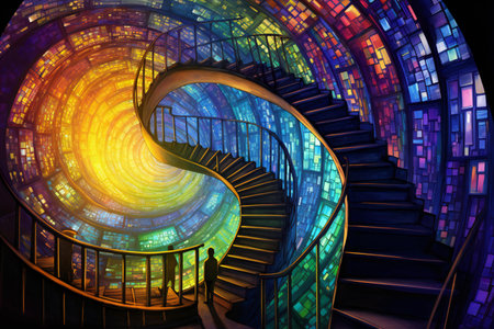 Abstract colorful spiral stairs on dark background.の素材