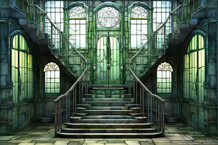 a fantasy building with a staircase and a windowの素材