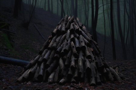 pile of firewood in the dark forest at night, Polandの素材