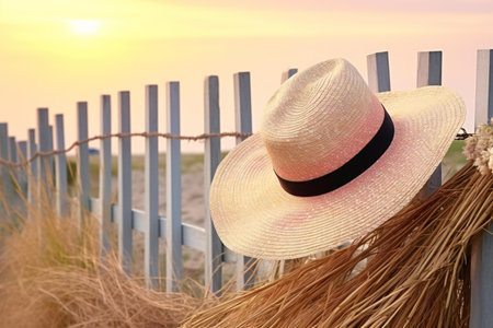 Straw hat on wooden fence on the beach in the evening.の素材