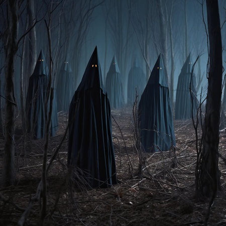 Halloween background with black ghosts in the forest.の素材