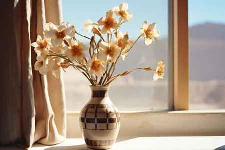 Vase with beautiful narcissus flowers on window sill, closeup