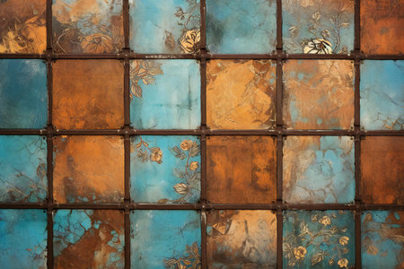 Old stained glass on the wall of an old building. Abstract backgroundの素材
